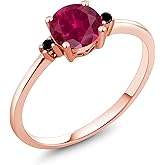 Gem Stone King 10K Rose Gold Red Created Ruby and Black Diamond Solitaire Engagement Ring For Women (1.03 Cttw, Round 6MM, Gemstone July Birthstone)
