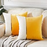 Fancy Homi 2 Packs Yellow Decorative Throw Pillow Covers 18x18 Inch for Living Room Couch Bed, Yellow and White Velvet Patchwork with Gold Leather, Luxury Modern Accent Square Cushion Case 45x45 cm