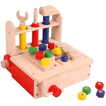 Brainsmith Portable Work-Bench Toy and Kids Tool-Box Kit, Wooden Pretend Play Set for Toddlers - Learn Focus, Fine Motor and Building Skills