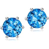 DAYBYDAY 925 Sterling Silver Birthstone Earrings for Women, Crystal Stud Earrings, 6.5mm Round Cut Solitaire Gemstone Earrings Birthday Jewelry