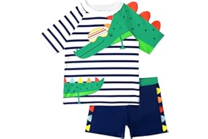 AIWUHE Toddler Boys' Rash Guard Swimsuit Two Piece Short Sleeve Bathing Suit and Swim Trunk Set Dinosaur Swimwear with Hat