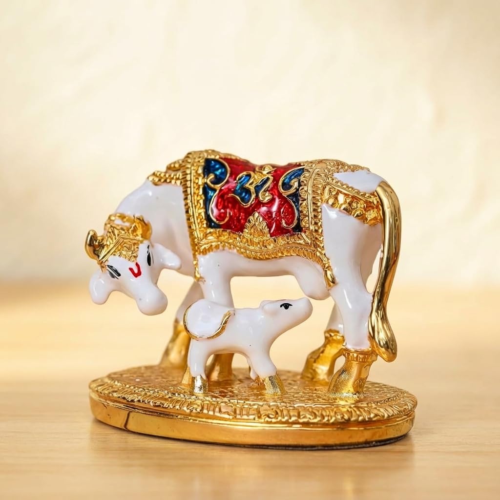 House Of Wemy Kamdhenu Cow with Calf Statue for Vastu, Feng Shui, Idol for Hindu Gifting - Offers Wealth, Prosperity, Health, Peace (3 x 3 Inches)