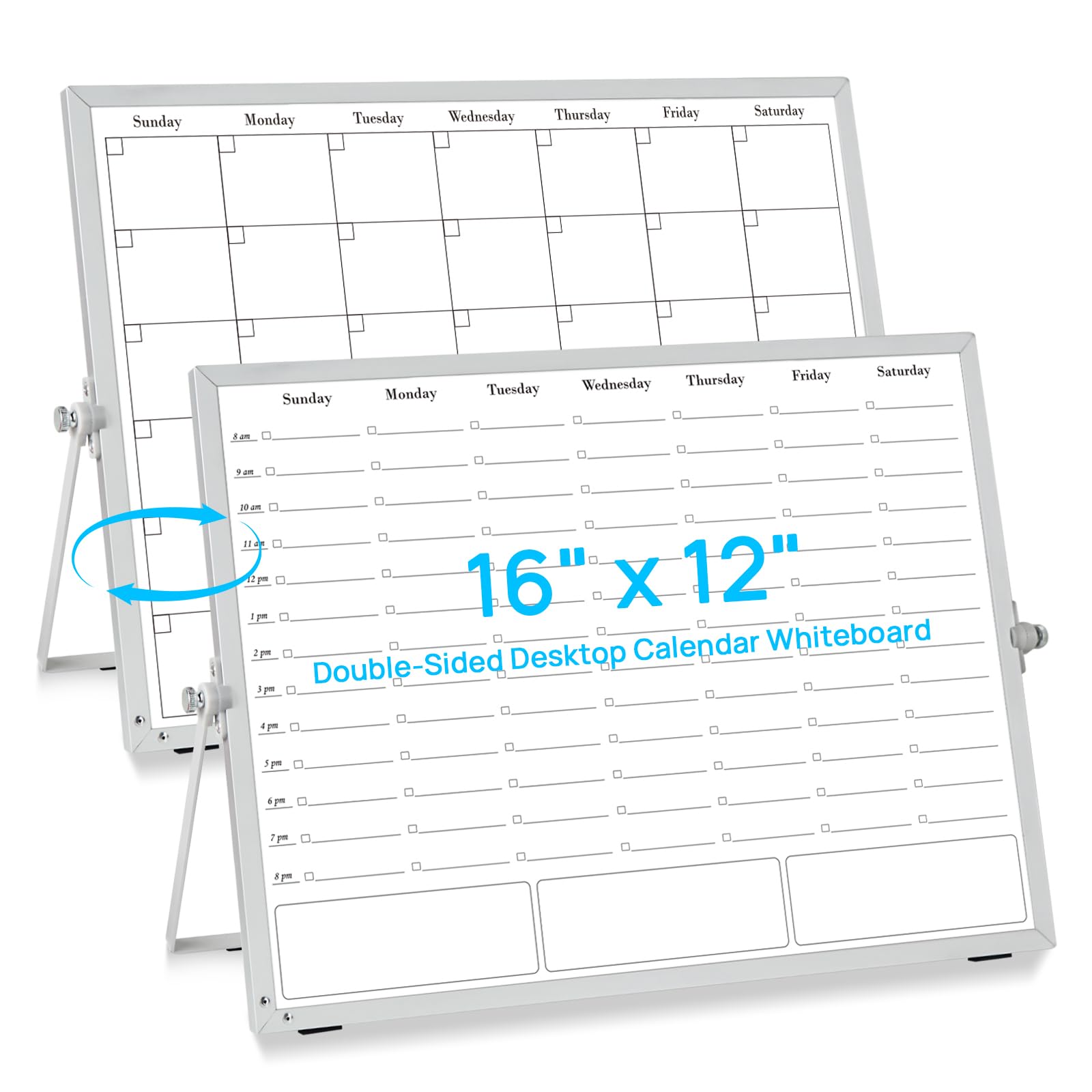 Photo 1 of ONAVIA White Board Dry Erase Calendar Planner, Weekly Monthly Magnetic Schedule-Board with Time Slots, Portable Double-Sided Desktop Whiteboard with Stand for Planning, Memo, to Do List 16"×12"