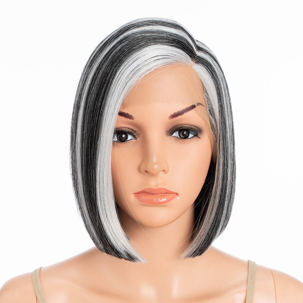 Début Lace Front Wigs for Black Women Bob Wigs for White Women Synthetic Hair 9.5" 120g Grey Straight Swiss Lace Heat Resistant Fibers Half Hand Tied (9.5 Inches, PD 280H/60D)