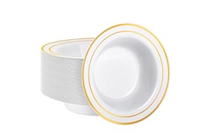 Goodluck 50 Pack Plastic Bowls with Gold Rim, 12oz Disposable Soup Bowls, Heavy Duty Dessert Bowls for Weddings, Parties, Din