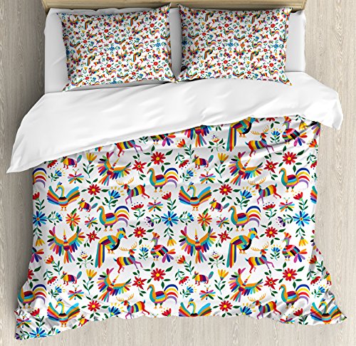 Ambesonne Mexican Duvet Cover Set Queen Size, Traditional Latin American Art Design with Natural Inspirations Flowers and Birds, Decorative 3 Piece Bedding Set with 2 Pillow Shams, Multicolor