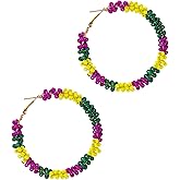 MEMFALL Mardi Gras Earrings for Women Purple Yellow Green Beaded Earrings Mardi Gras Hoop Earrings Mardi Gras Jewelry