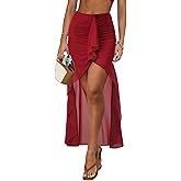 AGECODE Women's Sexy Front Slit Ruffle Trim Sheer Mesh High Low Flowy Skirts Bodycon Short Mini Skirt