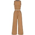 BTFBM Women Summer 2 Piece Outfits Ribbed Knit Crew Neck Sleeveless Cropped Top Elastic Waist Wide Leg Pants Lounge Set