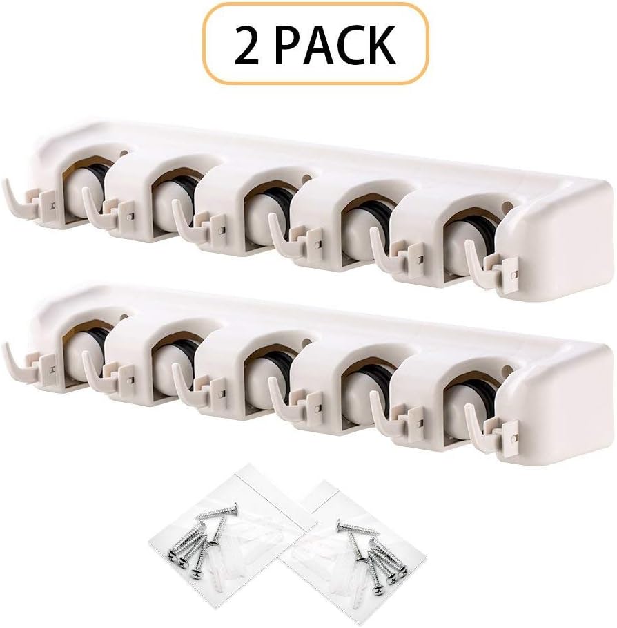 Imillet Mop and Broom Holder, Wall Mounted Organizer-Mop and broom Storage Tool Rack with 5 Ball Slots and 6 Hooks (Gray) (Double pack) - - 