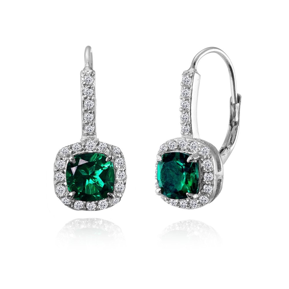 Photo 1 of Emerald Earrings for Women Cushion-Cut Leverback Sterling Silver Simulated Green Gemstone Drop Earring Bridesmaids Prom Trendy Fashion