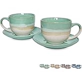 Bosmarlin Ceramic Cappuccino Cup and Saucer Set of 2, 10 Oz, Coffee Cups for Latte, Espresso, Tea, Dishwasher and Microwave Safe (Mint Green)
