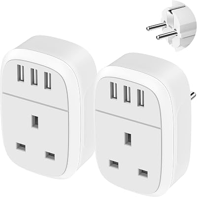 Iroussa UK to EU Adapter Plug 2 Pack with 3 USB Ports Schuko Type E/F