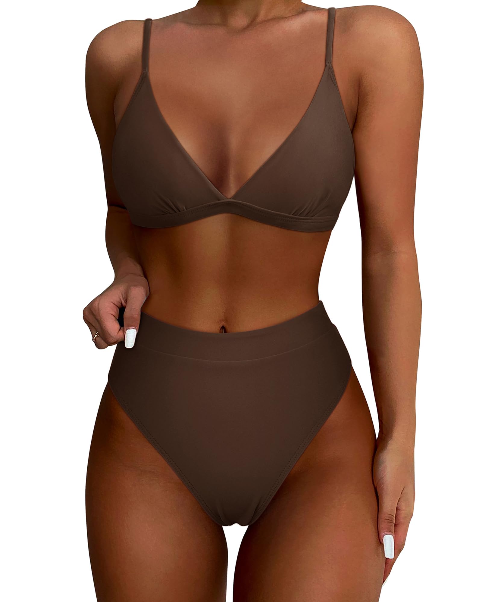 Photo 1 of SUUKSESS Women Sexy High Waisted Two Piece Bikini Sets Triangle High Cut Swimsuit Push Up Bathing Suit (Deep Brown, S)