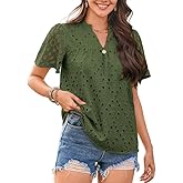 Falechay Womens Summer Tops V-Neck Short Sleeve Shirts Dressy Casual Babydoll Blouses Embroidered Eyelet Flowy Boho Clothing