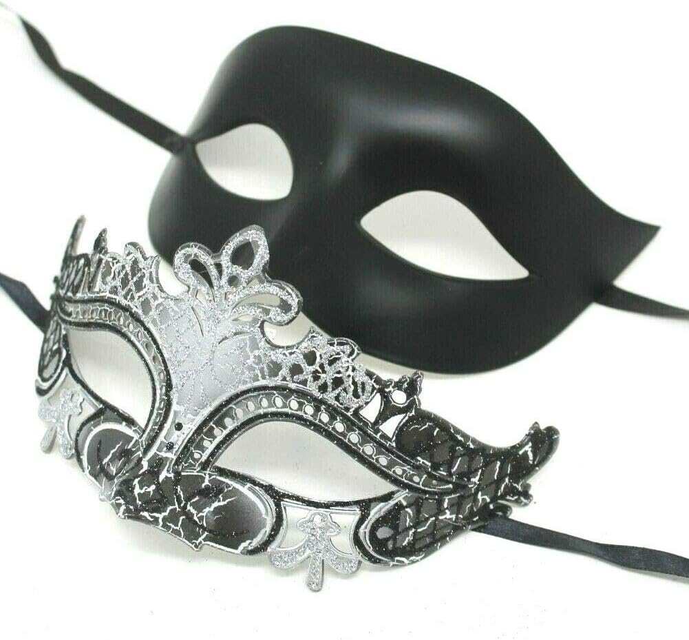 HIS N HERS PAIR OF CO-ORDINATED SILVER & BLACK COUPLES VENETIAN MASQUERADE CARNIVAL PARTY BALL EYE MASKS, Silver Black, 8cm deep - Image 5