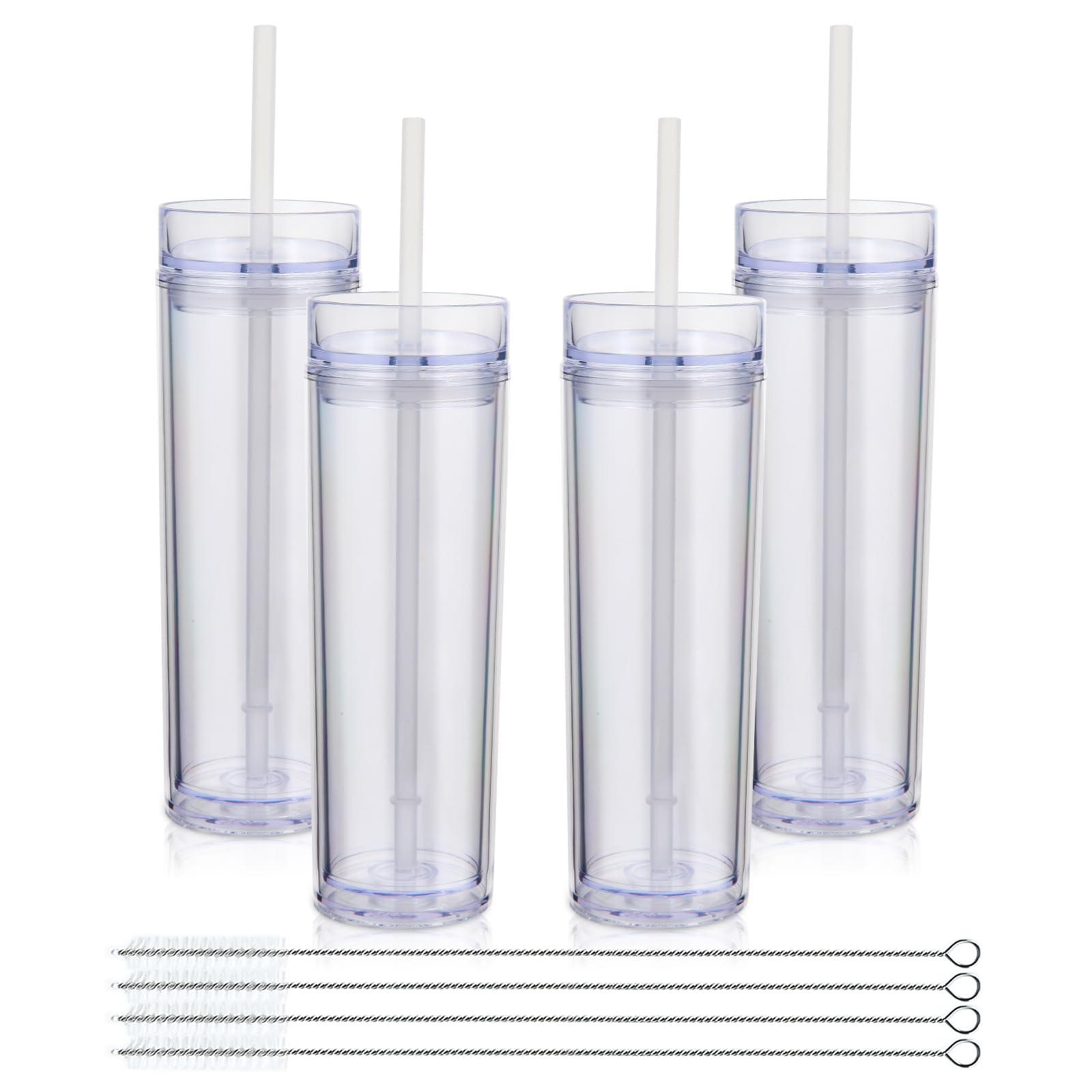 Volhoply 16oz 470ml Plastic Skinny Tumblers with Lid and Straw Bulk | Double Wall | Reusable Iced Coffee Mug | BPA Free | Matte Acrylic Water Cups (Clear,4 Pack)