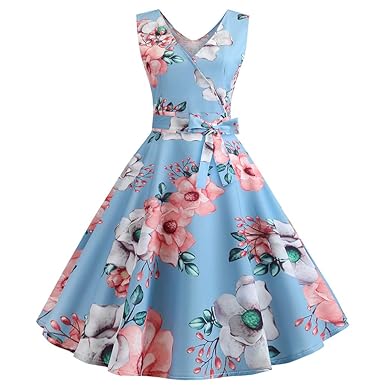 CUTUDE Damen Kleider Röcke Kurzarm Sommerkleider Frauen Vintage 50er Jahre Retro Ärmellos V-Ausschnitt Floral Print Party Pro