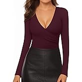 MANGOPOP Women's Cross Wrap Ruched Plunge Sexy Deep V Neck Slim Fit Long Sleeve Fleece Lined T Shirt Tunic Tops Tee