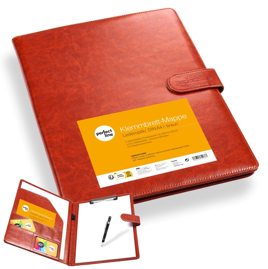 perfect line - Clipboard folder DIN A4 with magnetic closure - made of durable synthetic leather in stylish leather look - premium business folder in elegant brown