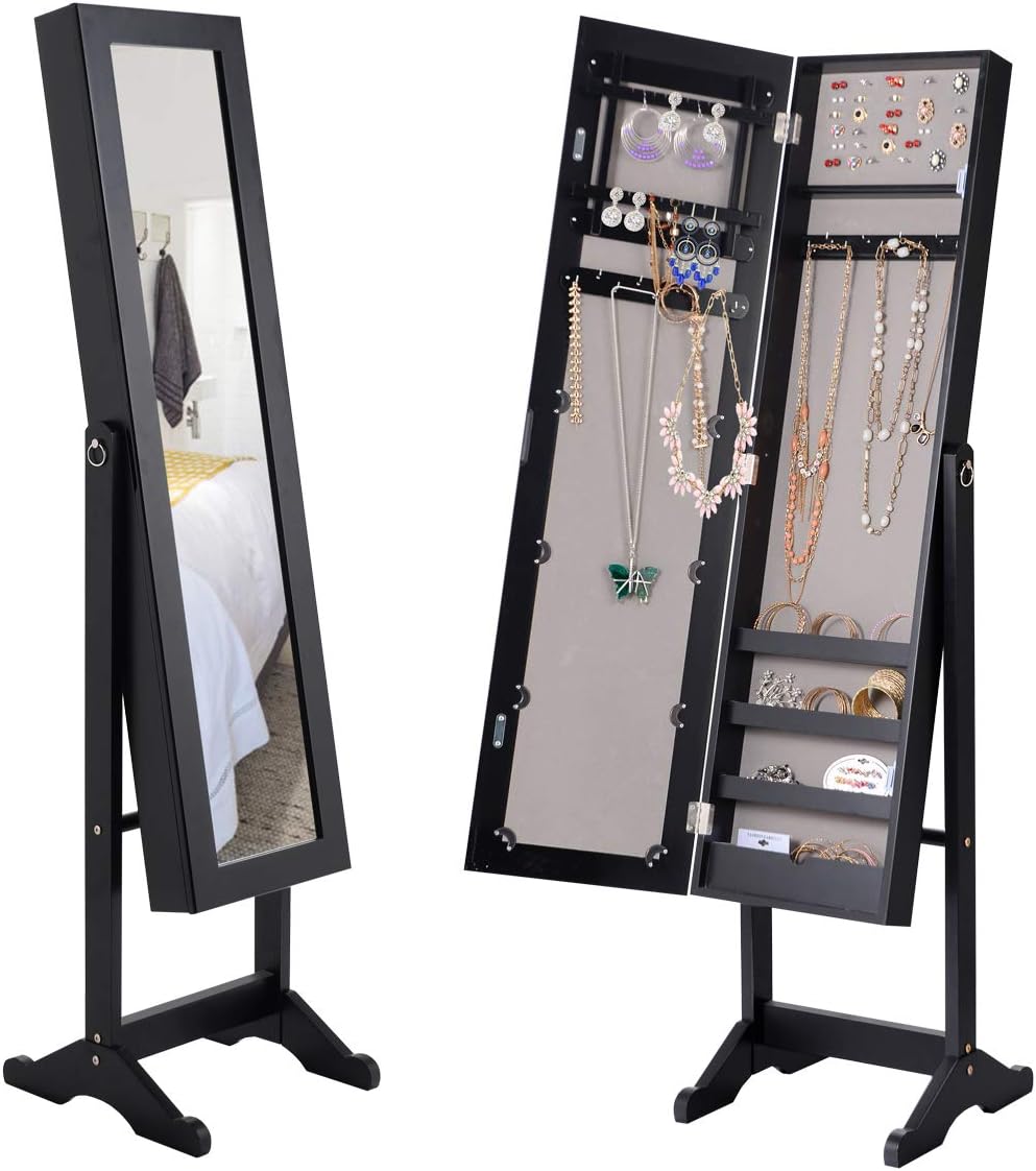 Amazon Com Giantex Jewelry Armoire Cabinet Organizer Storage Mirrored Stand With 4 Shelves For Makeup 18 Necklace Hooks 56 Rings 20 Earrings Slots Non Lockable Wood Standing Jewelry Armoire With Mirror Black Home Kitchen