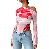 WDIRARA Women's Y2k Floral Print One Shoulder Long Sleeve Mesh Top Asymmetrical Hem Shirt