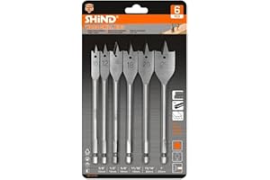 SHiND 6-Piece Spade Drill Bit Set, 1/4" Hex Shank, High Speed Steel, Paddle Bits for Wood, Plywood and PVC. Sizes Include 10m