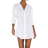 SUNNOW Women's Mini Shirt Dress Unlined Front Button Down Casual A-Line Midi Dress with Buttoned Cuffs and Gathered Sides