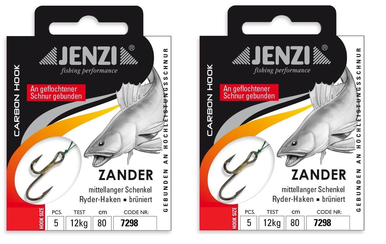 Set of 2 packs of Jenzi tied zander hooks Ryder hooks (10 pieces) on braided cord, 80 cm zander leader mounted hook size, 2, 4, 6, 8 + free Petri Heill! sticker (hook size 8)