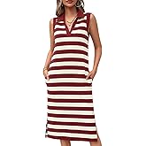 Wenrine Women's Striped Summer Dress Casual Polo V Neck Sleeveless Slit Loose Fit T Shirt Midi Dresses