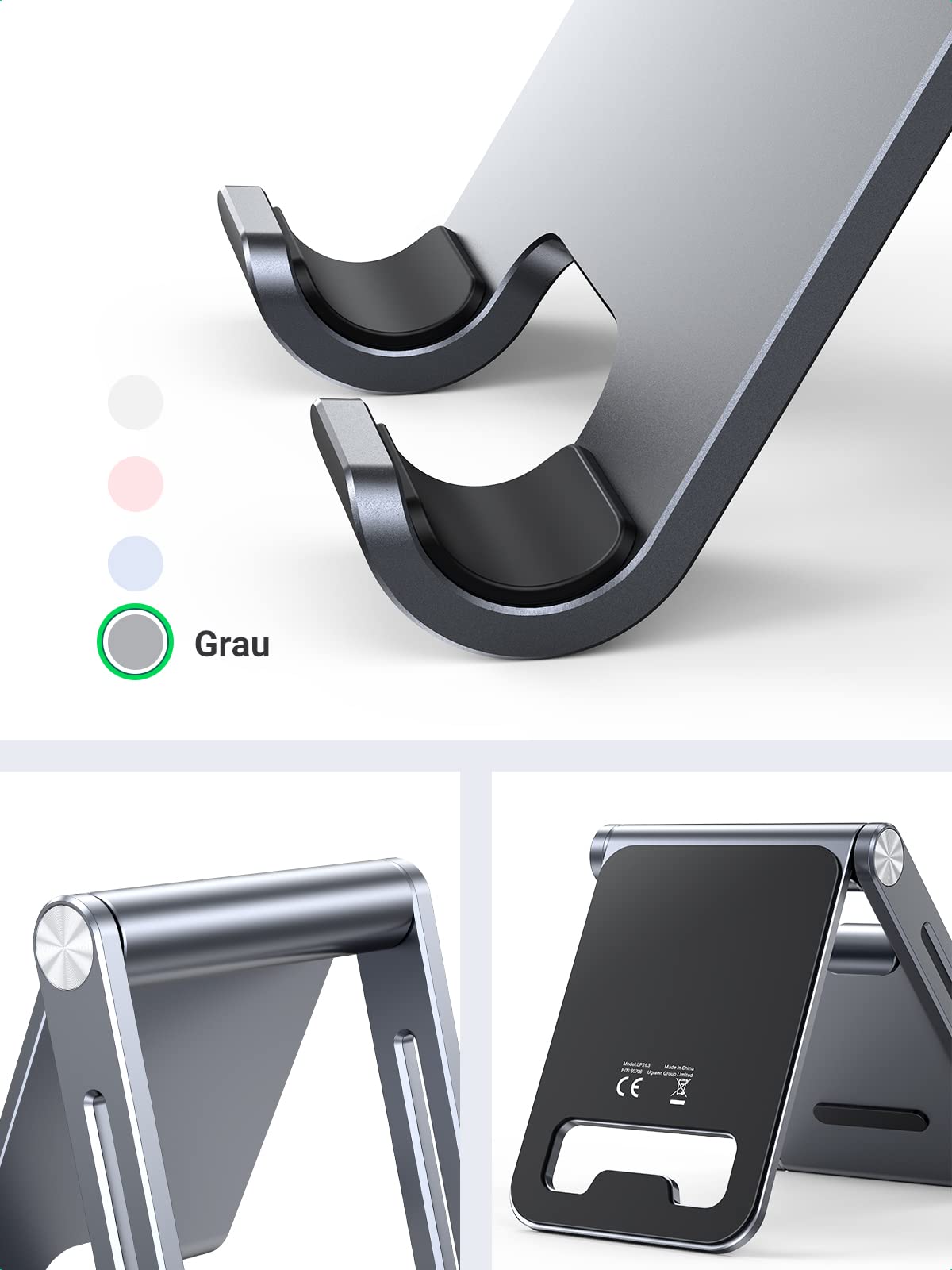UGREEN Handy Ständer Verstellbar Aluminium Handyständer für Tisch Handyhalterung Handyhalter Schreibtisch kompatibel mit iPhone 17 16 15 14 13 Pro Max, Galaxy S23 Ultra, Huawei bis 7,9 Zoll (Grau) 4