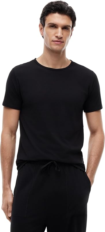 T-Shirts Manches Courtes Lot de 3 Homme Stretch Col Ras-du-Cou, Noir (Black/Black/Black), L — photo 3 sur 5