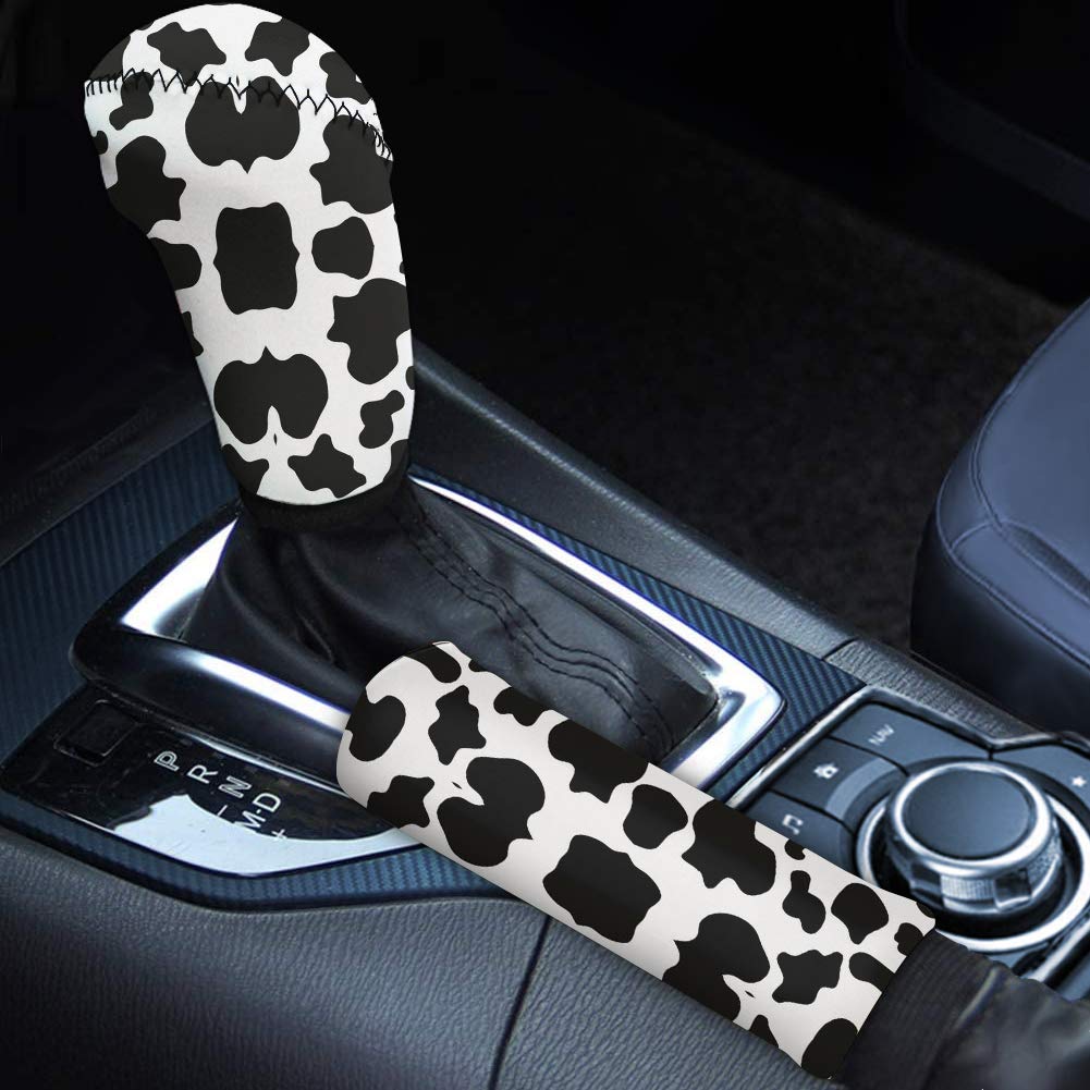Coloranimal Auto Shift Gear Cover,Lover Cow Car Knob Gear Stick Protector with Hand Brake Cover Universal Car Decor Accessories for Cars,Vehicle Full Set 2 Piece,White