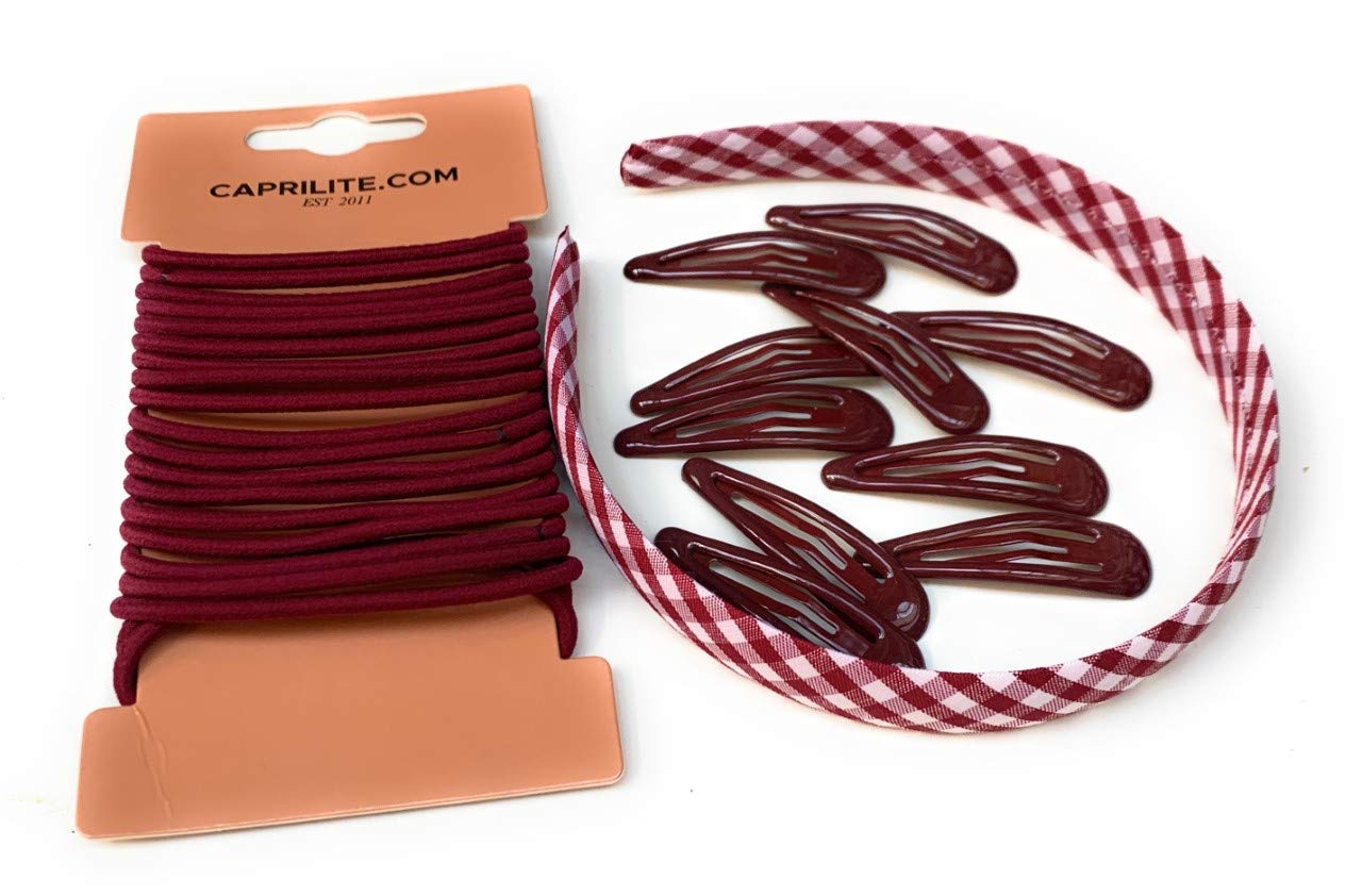 Mega Girls' School Hair Accessories Bundle Set - Gingham Checked Headband Snap Clips Bobbles Hairbands (Burgundy Wine Red)