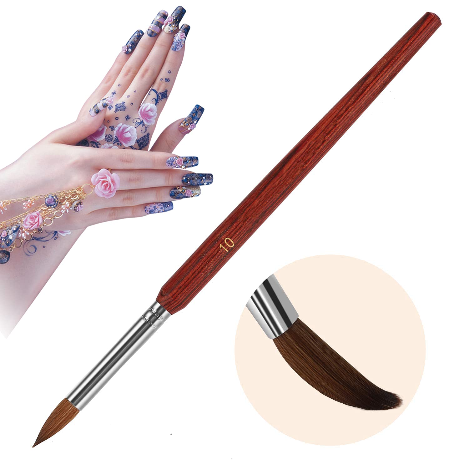 Kolinsky Acrylic Nail Brush #10 Oval Crimped Sable Acrylic Brush for Nails Wood Nail Art Brush for Acrylic Application Manicure Tool