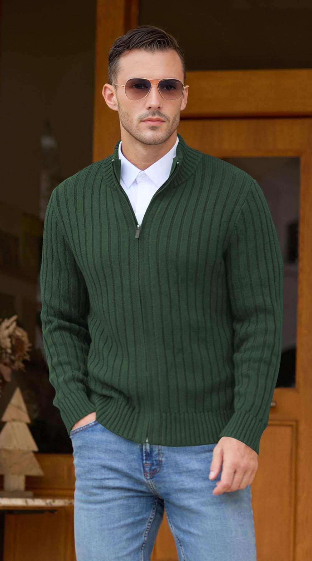 NITAGUT Herren Strickjacke Full Zip Stehkragen Langarm Baumwolle Casual Slim Fit Winter Pullover für Männer,Grün,M 2