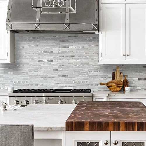DICOFUN 10-Sheet Grey & White Peel And Stick Backsplash – PVC Mosaic Wall Tiles, 12x12 Inch, 3mm Thick, Waterproof & Heat-Resistant For Kitchen, Bathroom, And RV