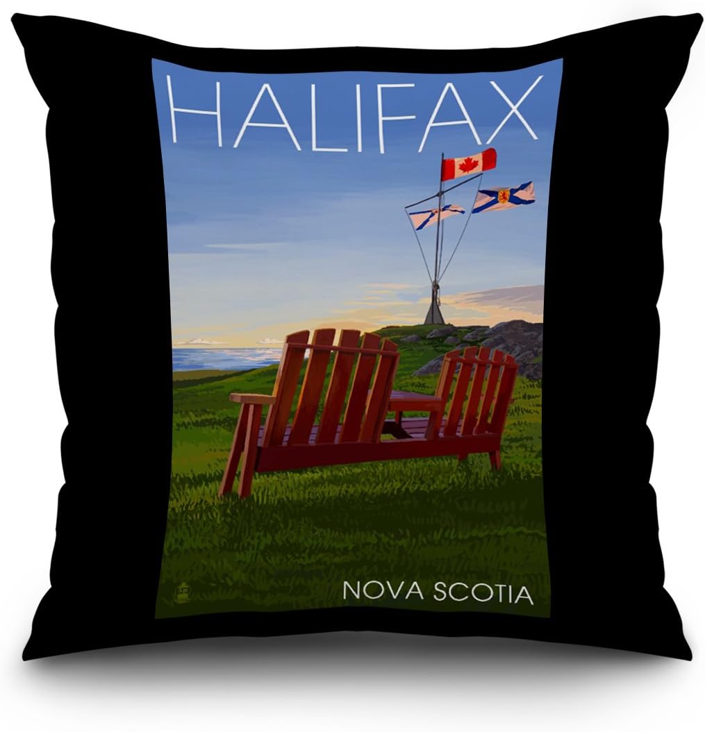Halifax, Nova Scotia - Adirondack Chairs and Sunset (18x18 Spun Polyester Pillow Case, Black Border)