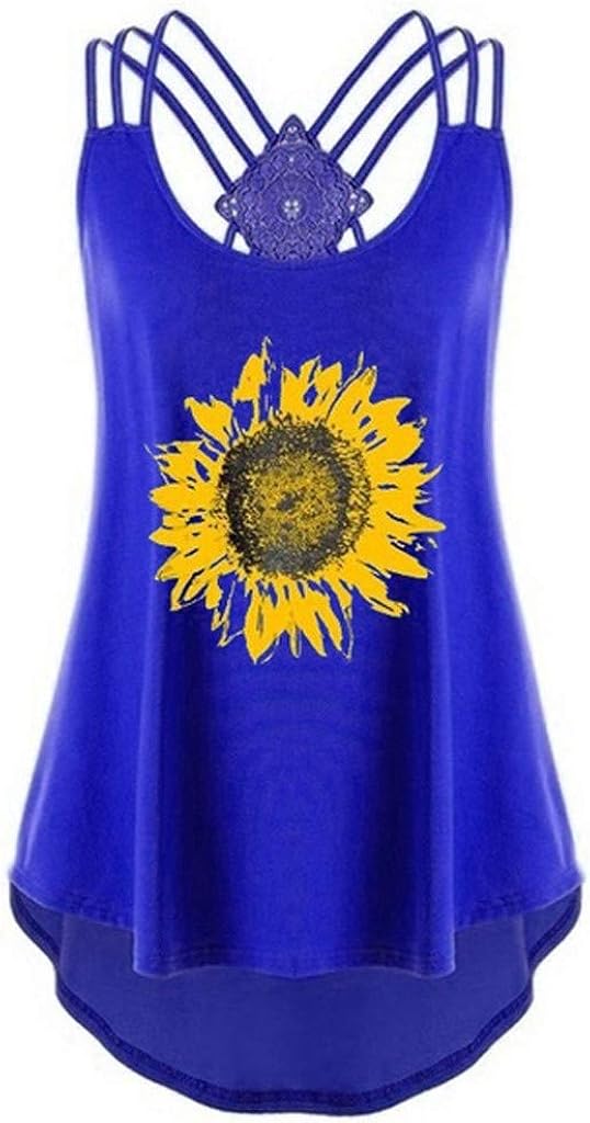 Aniywn Womens Sunflower Print Sleeveless Vest Top Casual Backless Criss Cross Tank Tops Summer T-Shirt