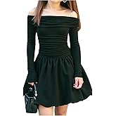 GORGLITTER Girl's Bubble Dress Fall Y2K Off Shoulder Long Sleeve Ruched Party Birthday Graduation Prom Mini Dresses