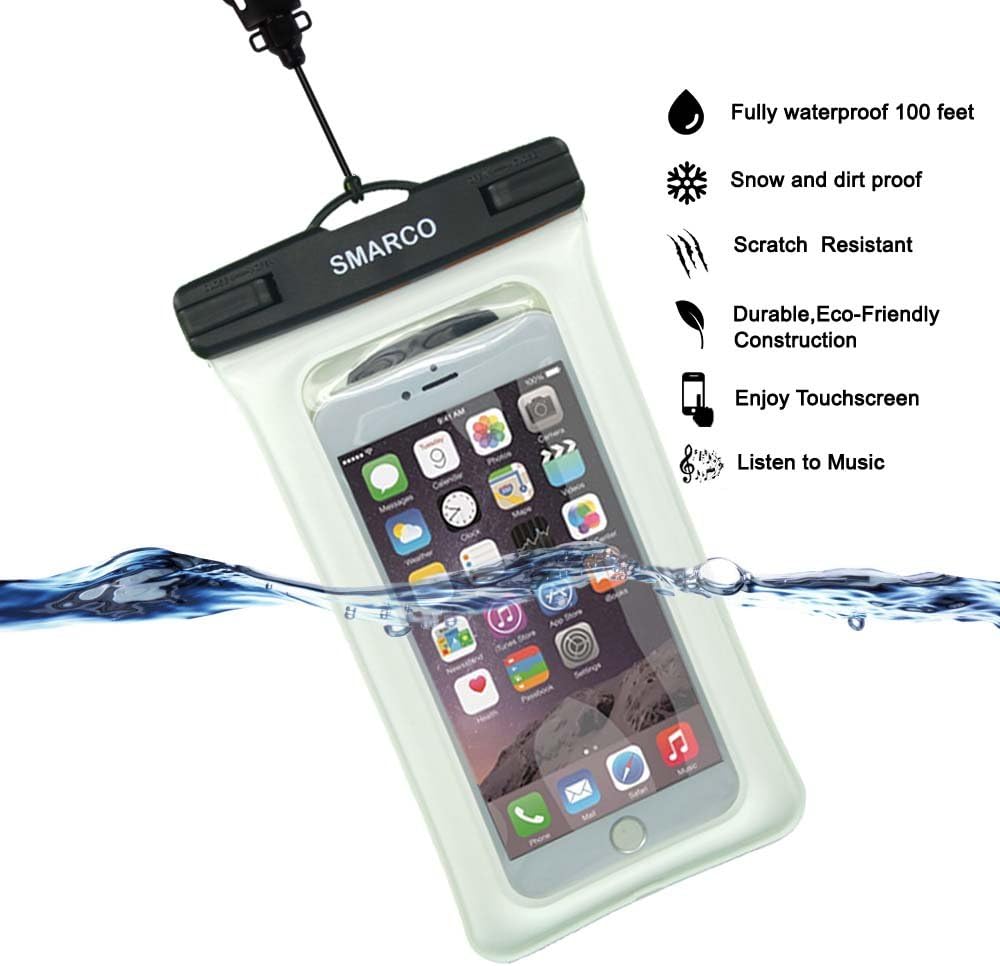 SMARCO TPU Floating Waterproof Bag With Adjustable Strap, Armband,Keep Cell Phone,Money,Credit Cards Or Car Keys From Water, Snow, Sand, Dust, Dirt - IPX8 Certified To 100 Feet White