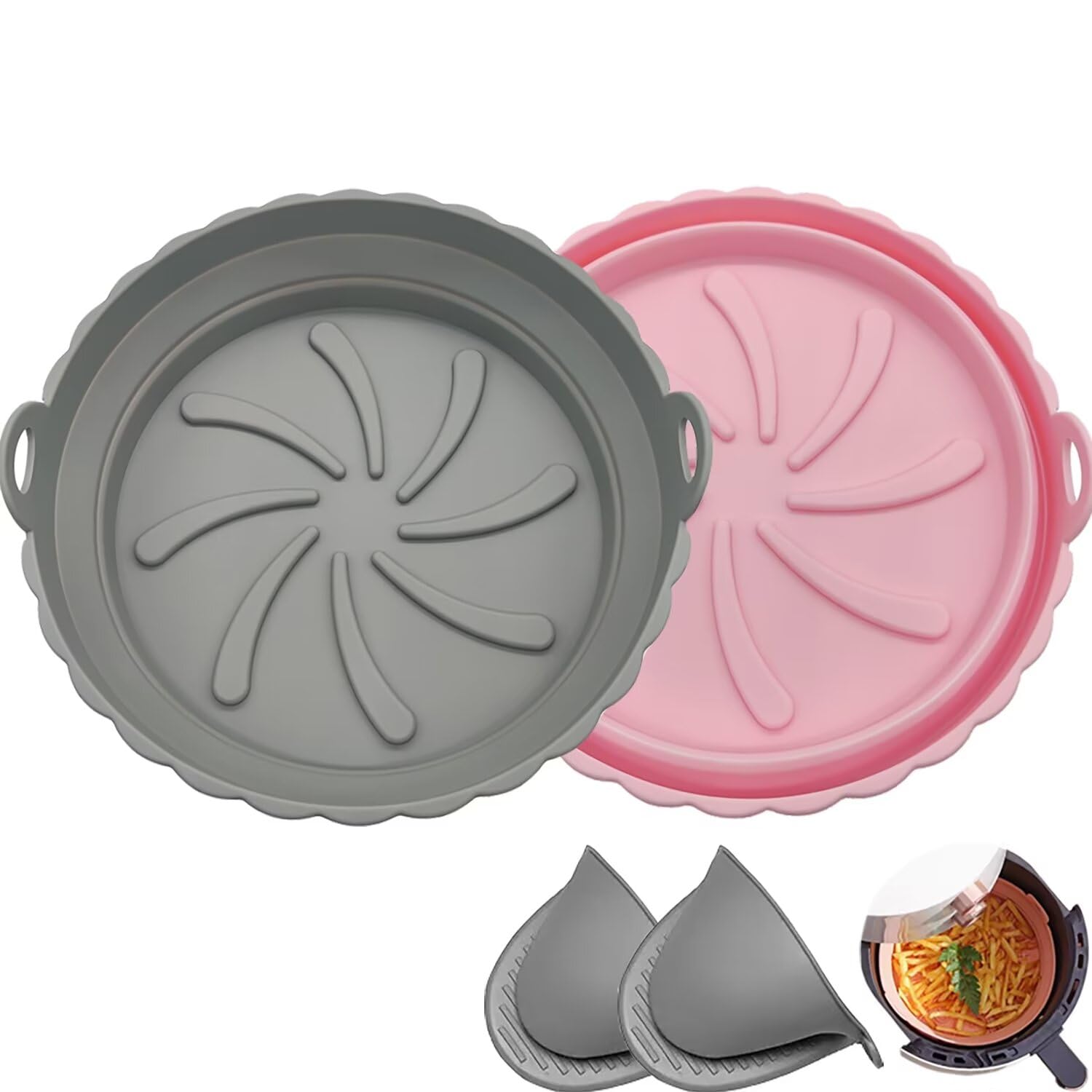 EAWON 2 Pack AirFryer Silicone Liners with Reusable AirFryer Liner Pot Bake Tray 8'' Silicone Airfryer Liner Basket Bowl Mat Non-Stick 3-7 QT Oven Microwave Accessories