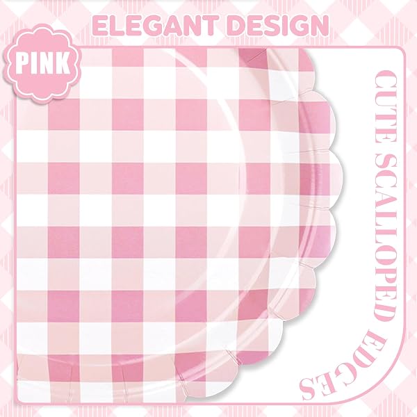POLINOOK 24 PCS LIGHT BLUE SCALLOPED PAPER PLATES – 9 INCH GINGHAM PAPER PLATES CHECKERED PARTY PLATE – DISPOSABLE PLAID DECORATIVE DINNER DESSERT SERVING PLATE – FOR BABY SHOWER WEDDING BIRTHDAY