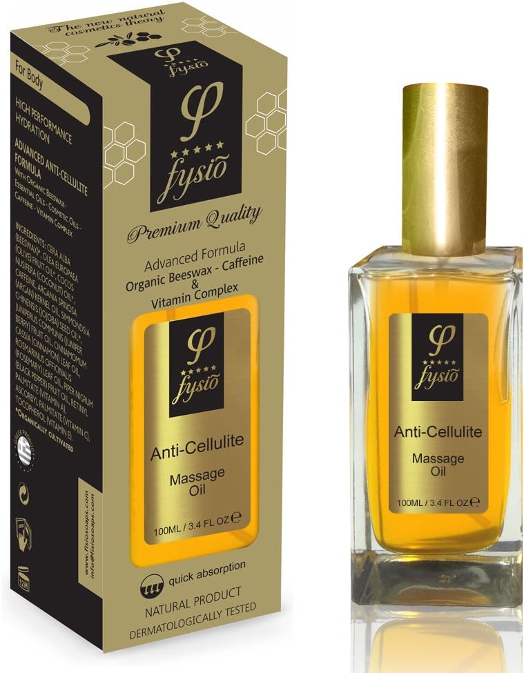 Natural Anti Cellulite Massage Oil - Body Moisturiser With Organic Beeswax, Olive Oil, Essential Oils, Caffeine - Reduce the Appearance of Cellulite - Firms and Tones the Skin - 100ml