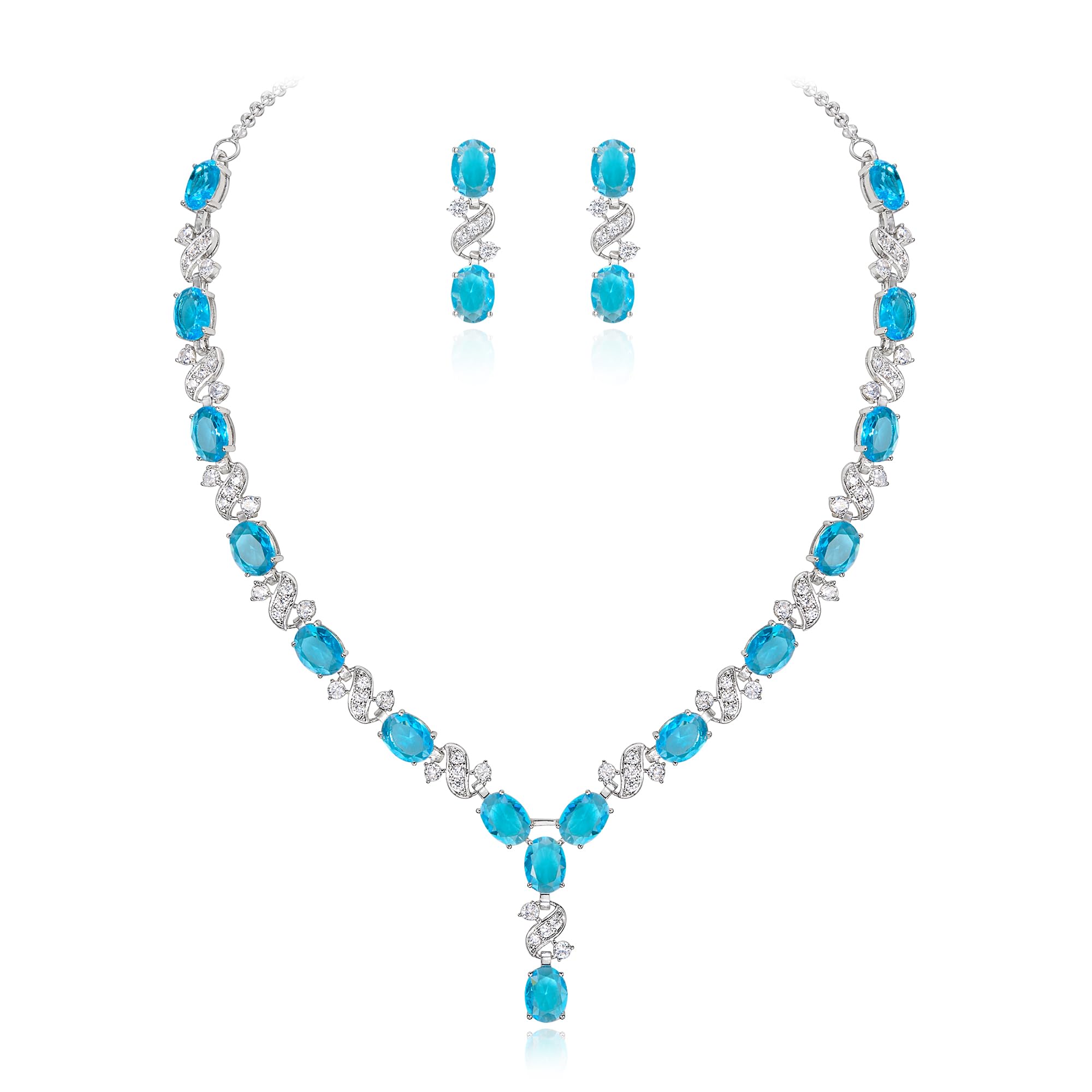 Clearine Women's Wedding Bridal Cubic Zirconia Infinity Y-Shape Tennis Necklace Dangle Earrings Set Aquamarine Silver-Tone
