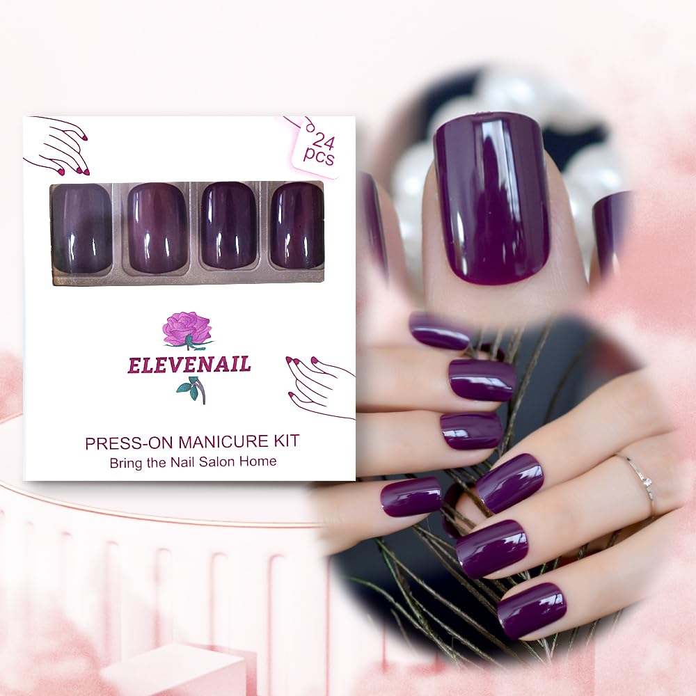 Elevenail Elegant Purple Glossy Press On False Nails Short Squoval Fake Nails Daily Office Salon Manicure Reusable Acrylic Nail Art Tips Gift for Women Girls - Image 3