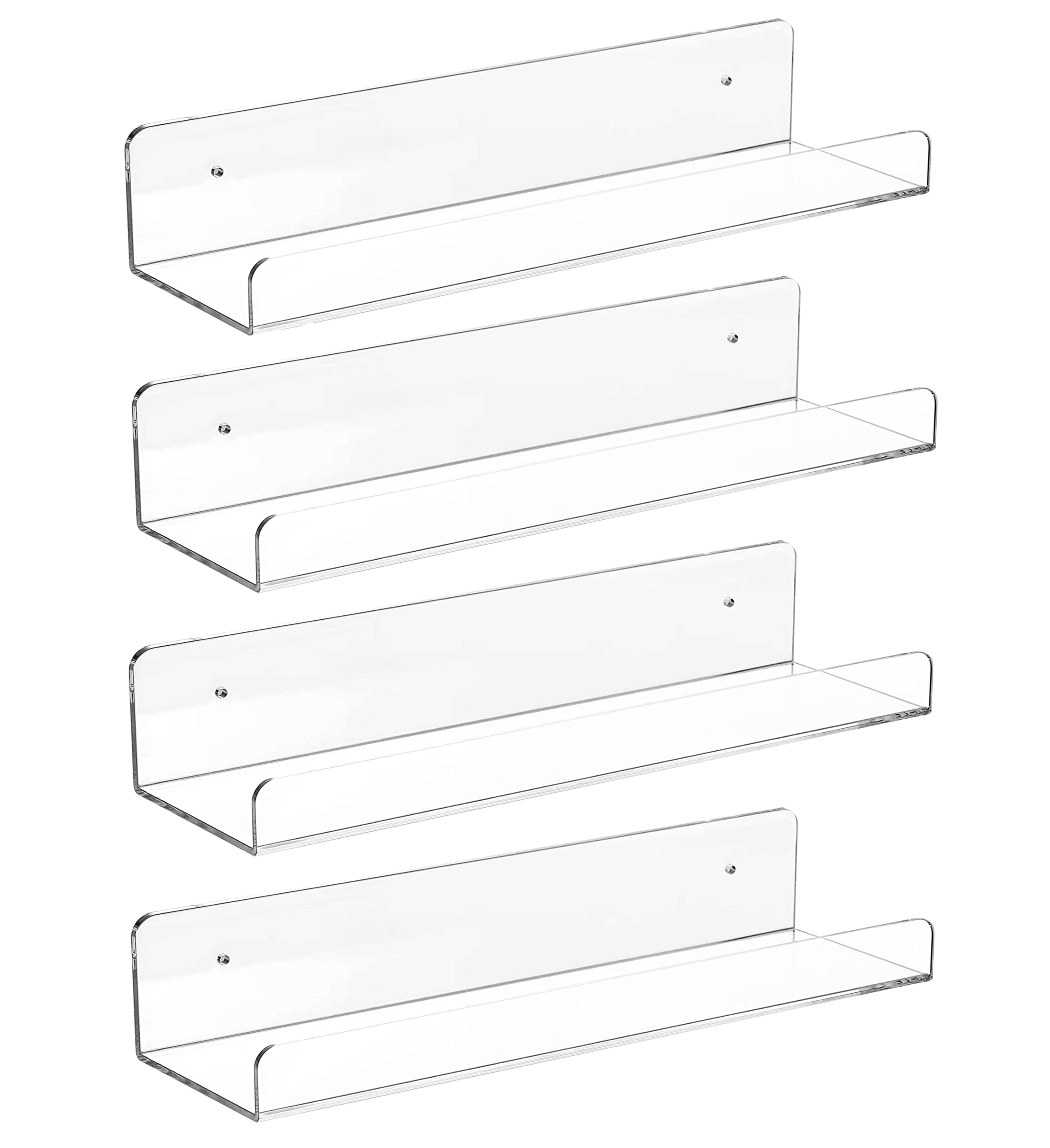 Photo 1 of CY craft 4 PCS Clear Acrylic Floating Wall Ledge Shelf 15 Inch Wall Mounted Nursery Kids Bookshelf, Invisible Hanging Shelves for Wall Storage,Toy Picture Ledge Display Shelf Bathroom Storage Shelves