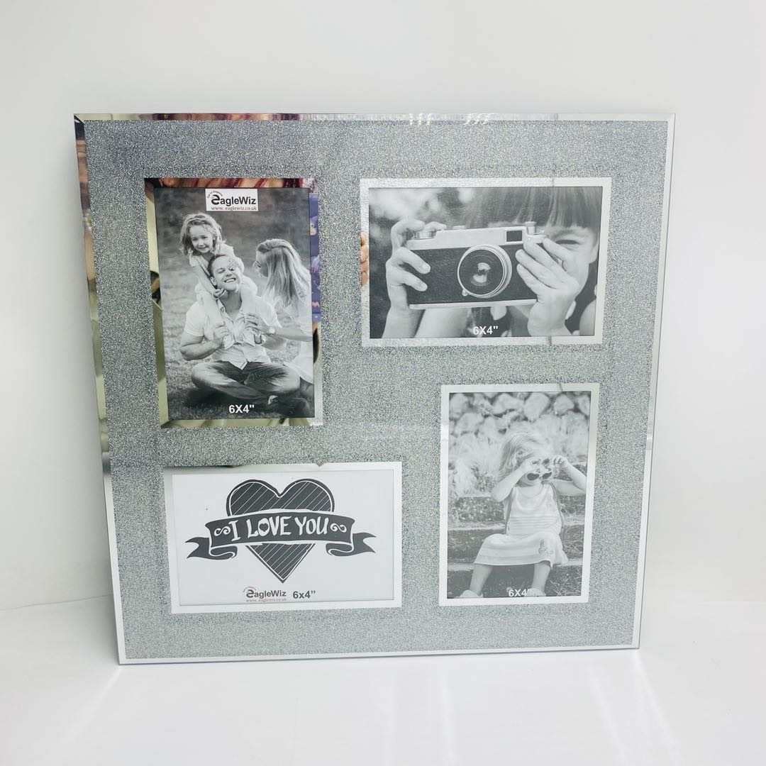 EagleWiz Silver Sparkle Crystal Effect Photo Frame Collage Multi Picture Photo Frame For 4 Photos ideal wedding Gift