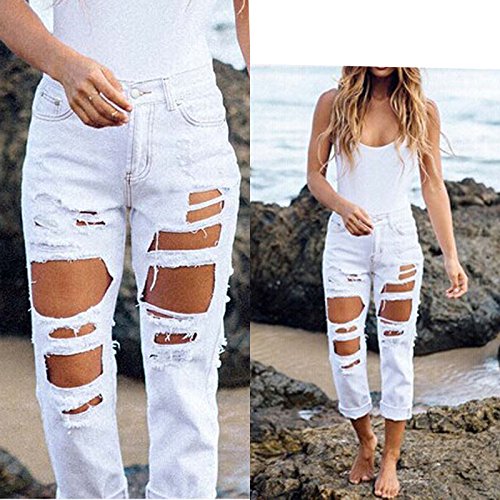 Happyear Women Hole Jeans High Waist Ripped Denim Skinny (S, White)