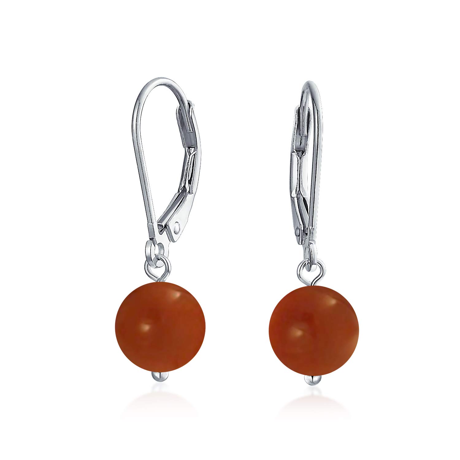 Simple Plain Gemstone Dyed Red Natural Carnelian Ball Round Drop Dangle Earrings For Women .925 Sterling Silver